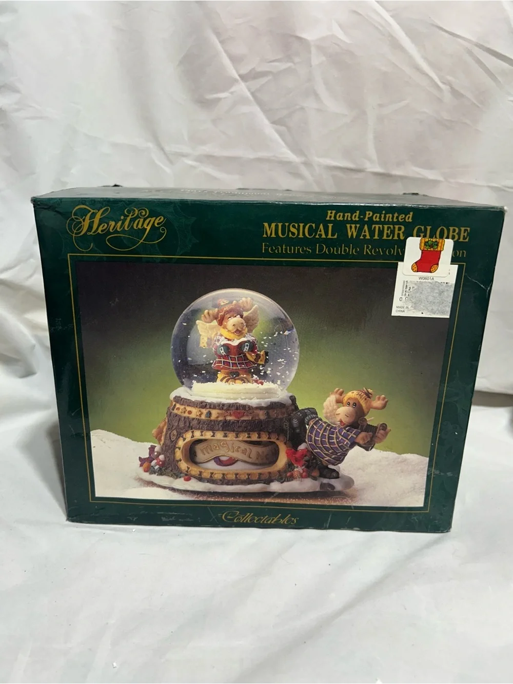 Vintage Heritage Musical Water Globe Moose Angel Carolers Double Revolving